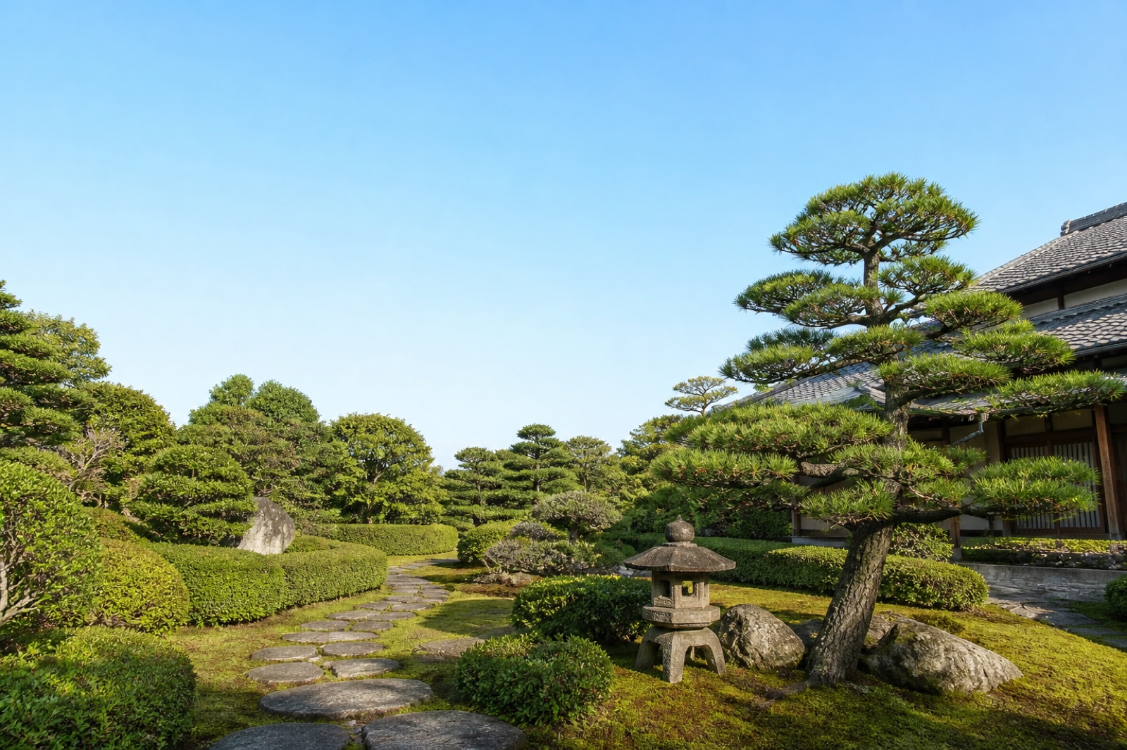 手入れの行き届いた松と生垣のある日本庭園